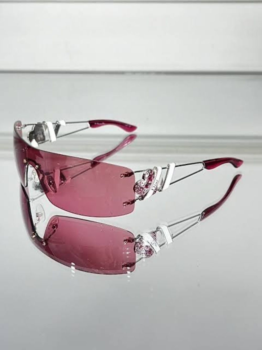 Dior Heart Core Rimless Sunglasses with Pink Lenses and Silver Accents Y2K style